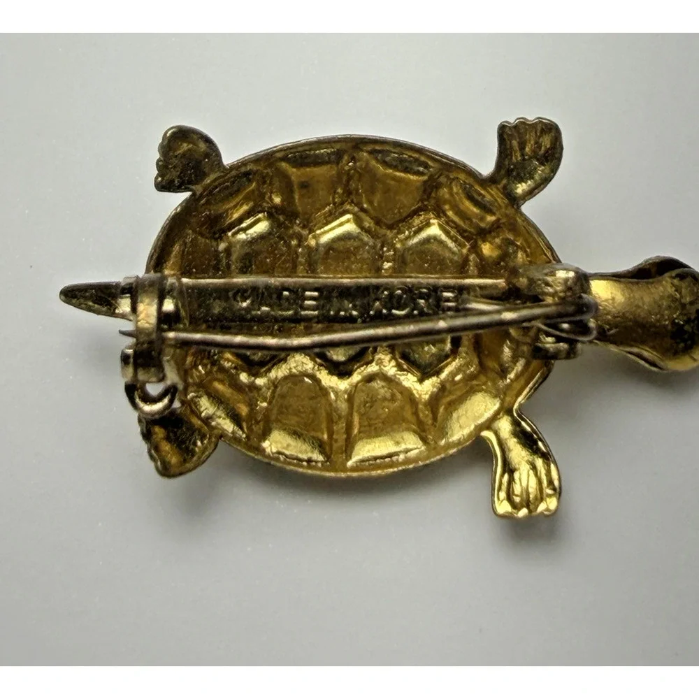 Vintage Turtle Pin Brooch Gold Tone Turquoise Blue Textured Shell Korea 1